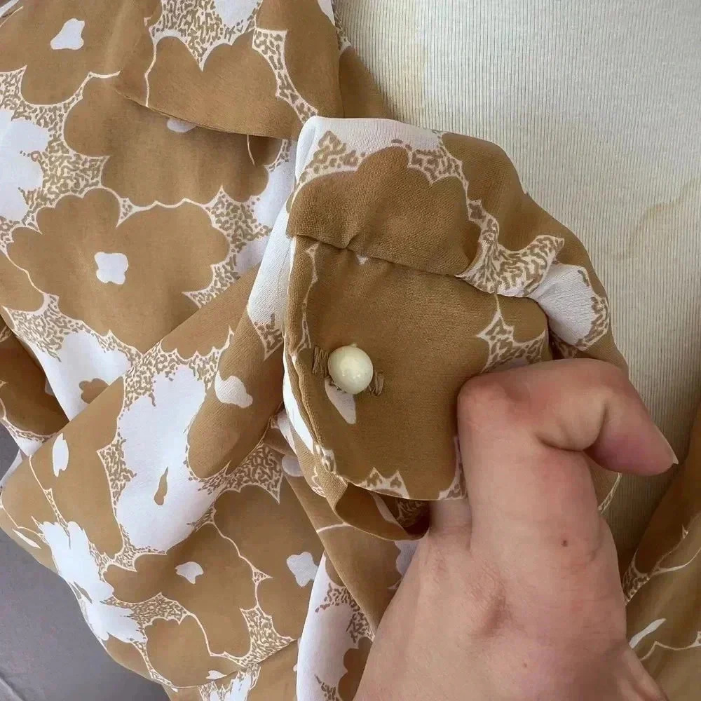 VTG Maree Womens Floral Tan Secretary Dress Sz 12 Structured Retro 80s Twee - Picture 10 of 13